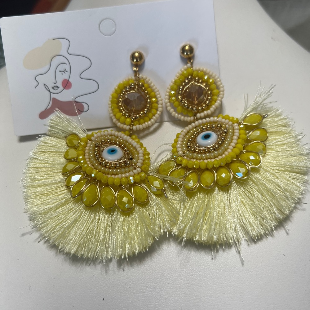 Yellow Beaded Fringe Earrings
